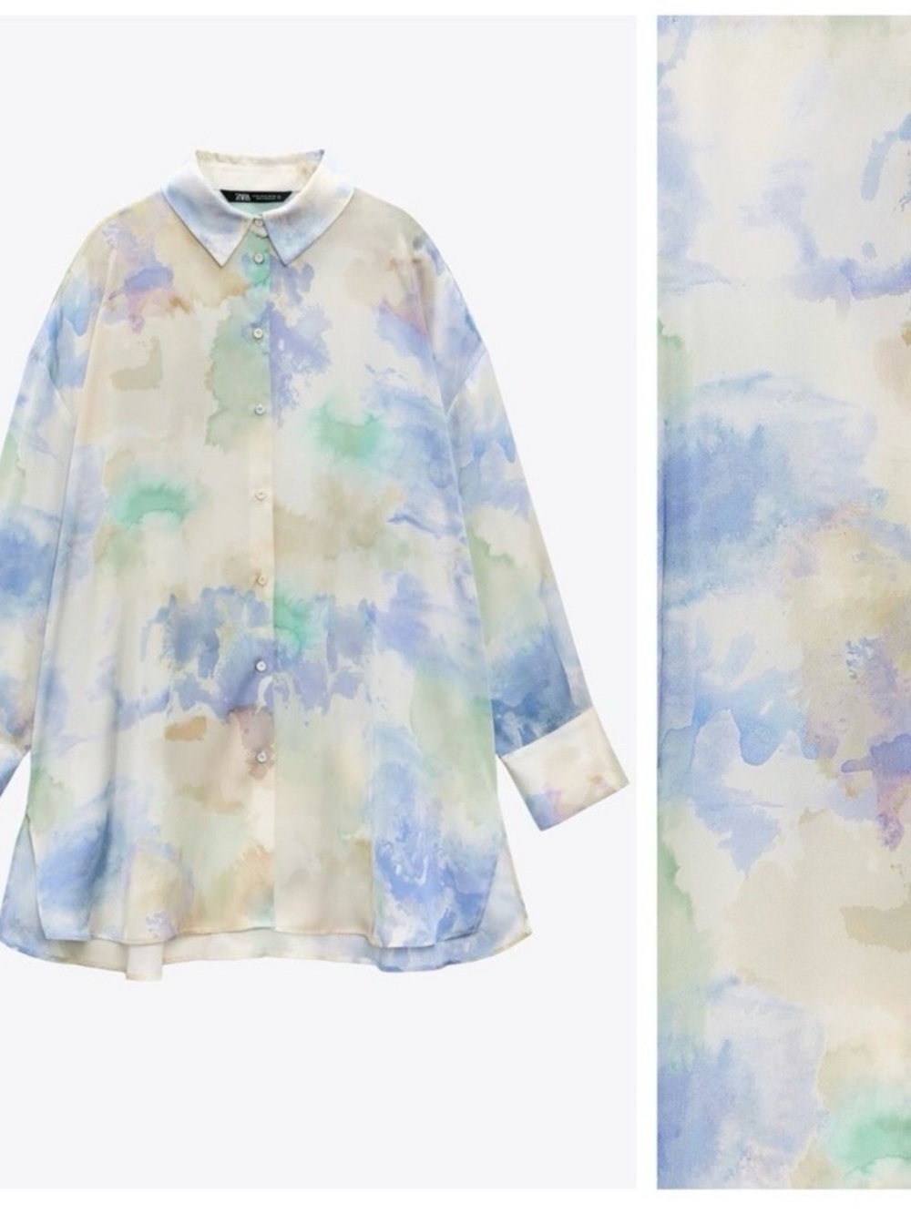 Zara Oversized Satin Effect Water Colored Long Sleeve Blouse Shirt Size Small